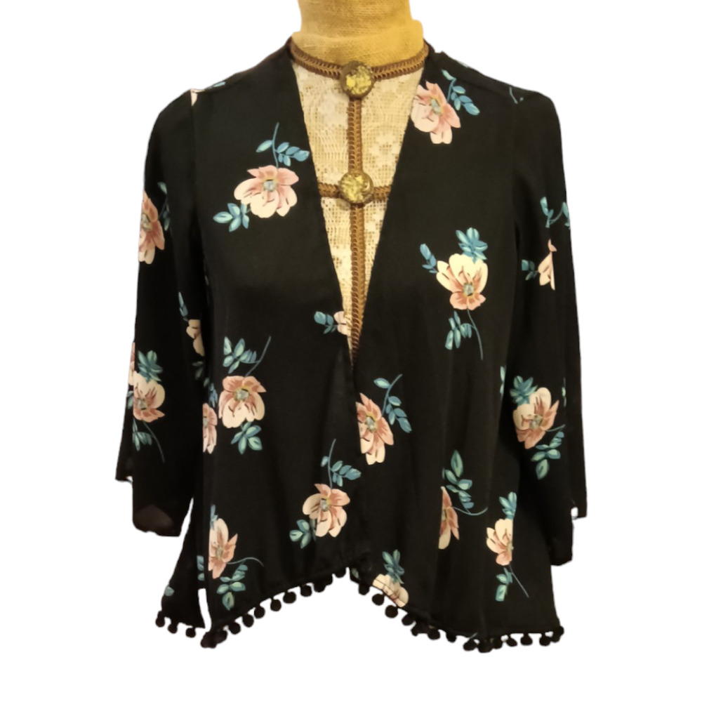 Black‎ Sheer Floral Fringe Trim lightweight Kimono
